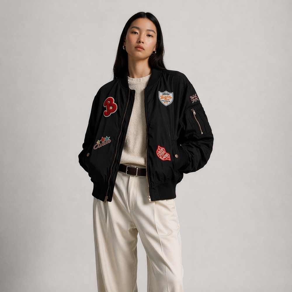 CI SONO - Y2K Black Bomber Jacket with Patches Aviator Flight Streetwear